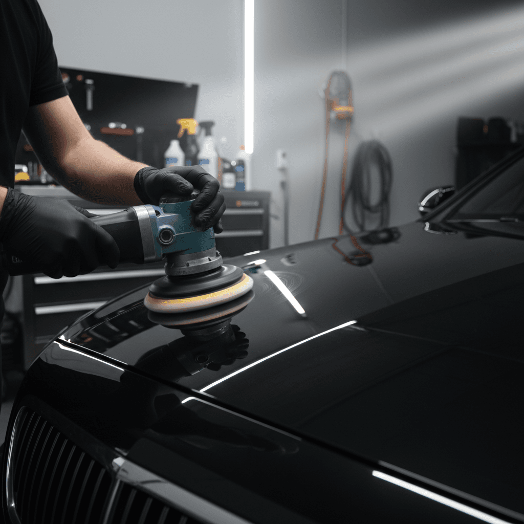 Professional car detailing technician polishing a luxury sedan with precision