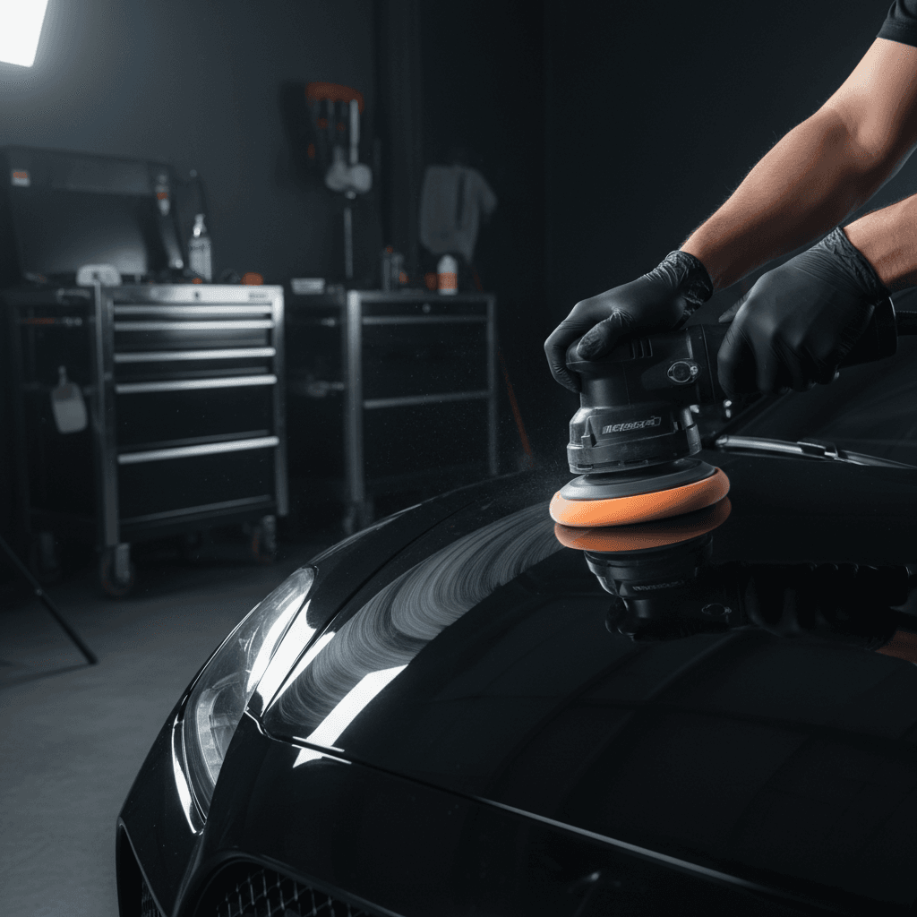Professional car detailer polishing vehicle