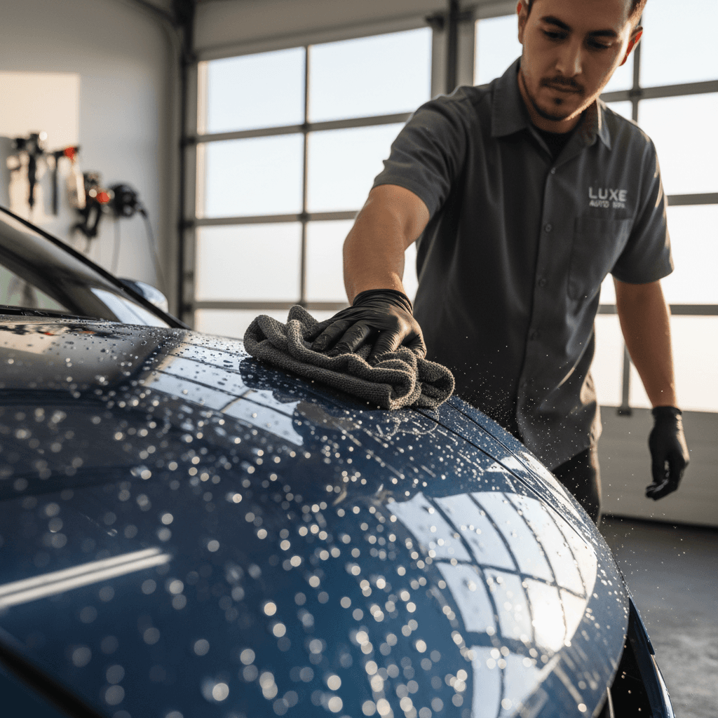 Professional car detailing work in progress on vehicle exterior