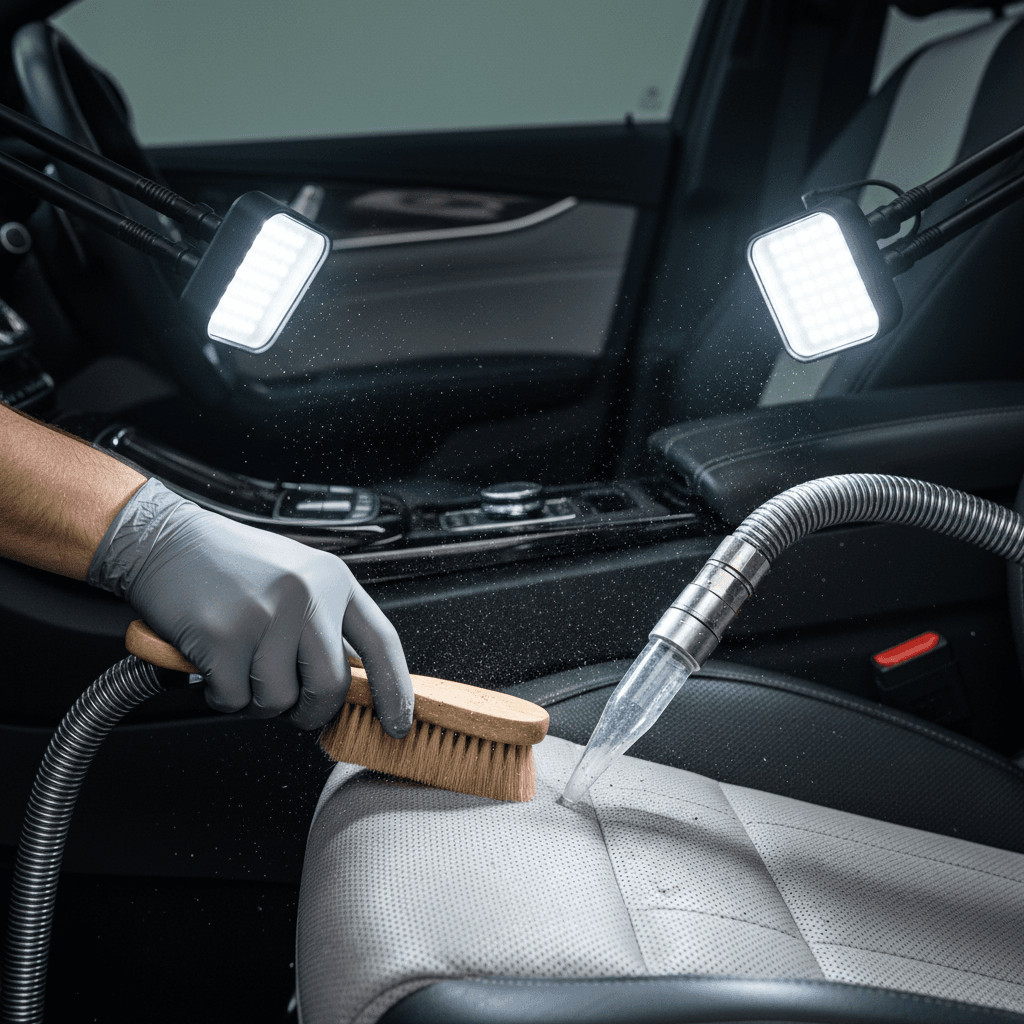 Detailed car interior with clean leather seats