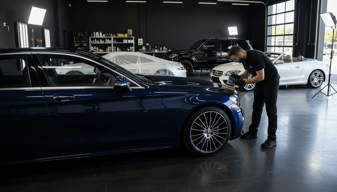Professional car detailer polishing a shiny vehicle in a well-lit garage