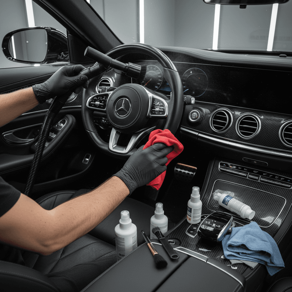 Clean detailed car interior with pristine upholstery and dashboard