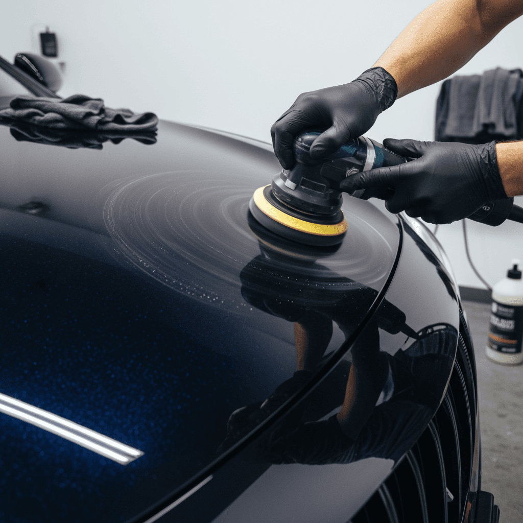 Professional car detailing specialist polishing vehicle exterior