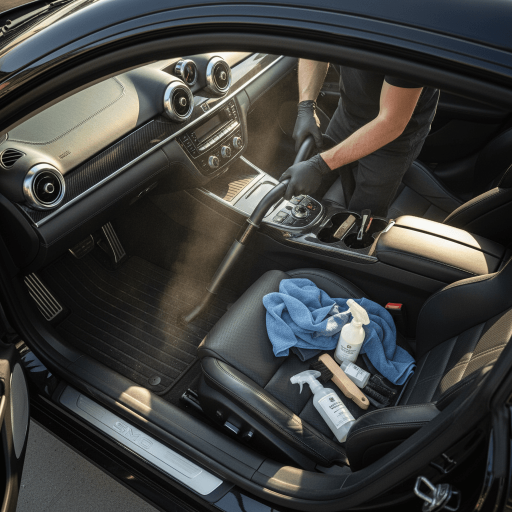 Interior car detailing with vacuum and upholstery cleaning