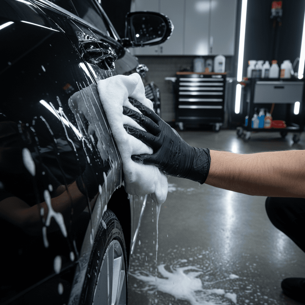 Car exterior being professionally washed with detailed attention